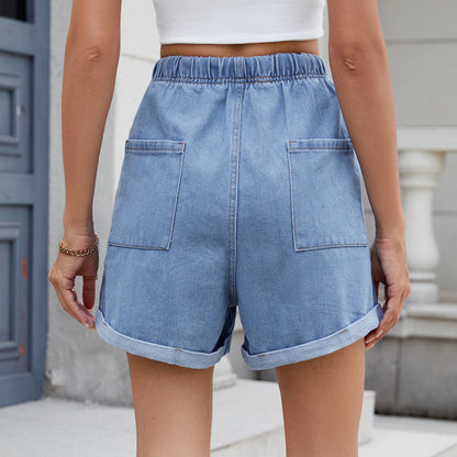 Summer Washed Curling Elastic Waistband Denim Shorts