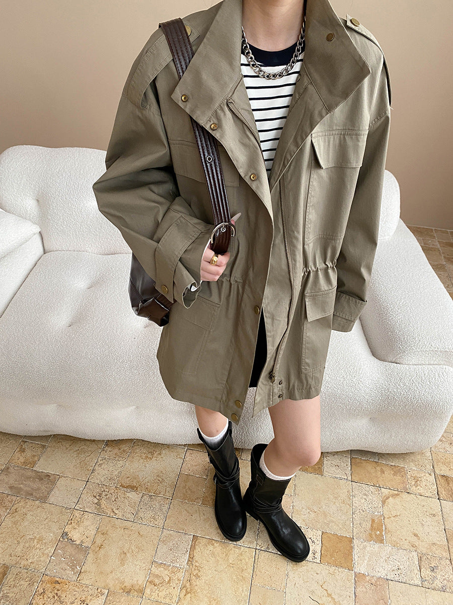 Fashionable Street Retro Design Stand Collar Profile Casual Overall Trench Coat