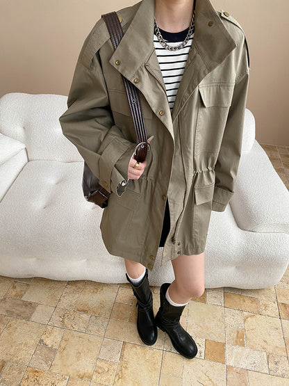 Fashionable Street Retro Design Stand Collar Profile Casual Overall Trench Coat