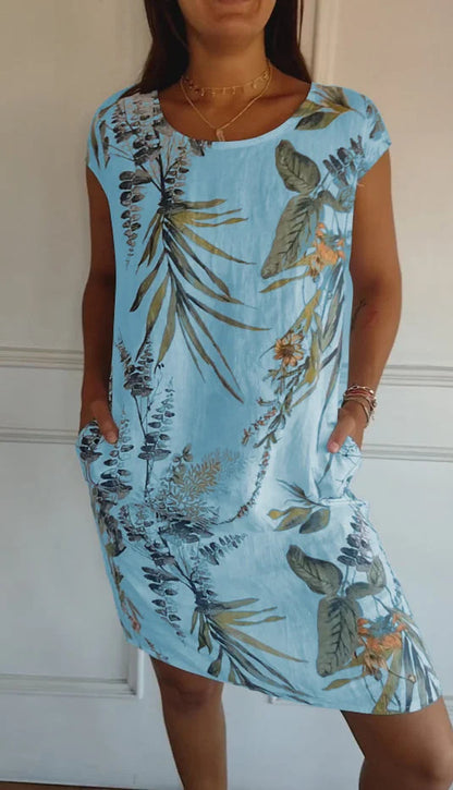 Cotton Linen Printed Dress w/ Pockets