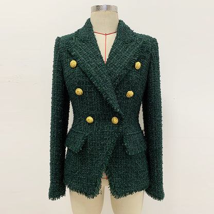Dark Green Fringe Tweed Slim Fit Blazer