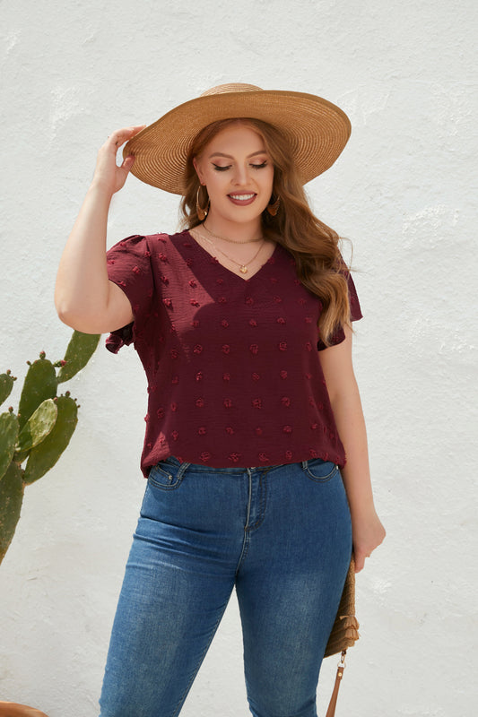 V neck Fur Ball Short Sleeve Top
