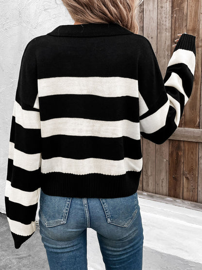 Black Striped Collared Knitwear