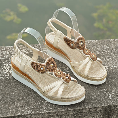 Rhinestone Beaded Elastic Band Wedge Sandals
