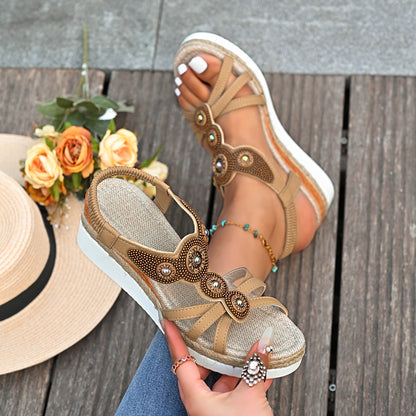 Rhinestone Beaded Elastic Band Wedge Sandals
