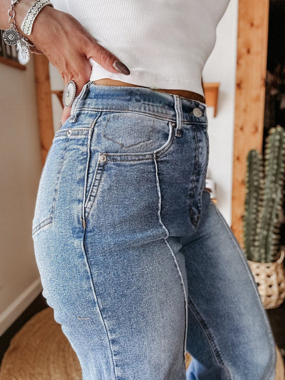 Washed Out Elastic Mid Waist Straight Cuffed Jeans