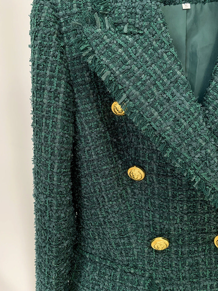 Dark Green Fringe Tweed Slim Fit Blazer