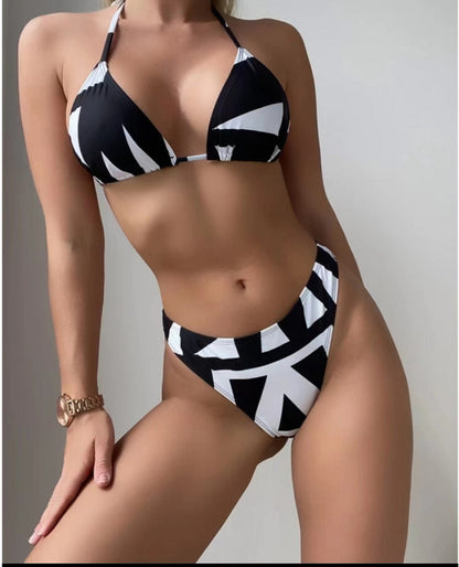 Three Piece Bikini Leaves Printed Set
