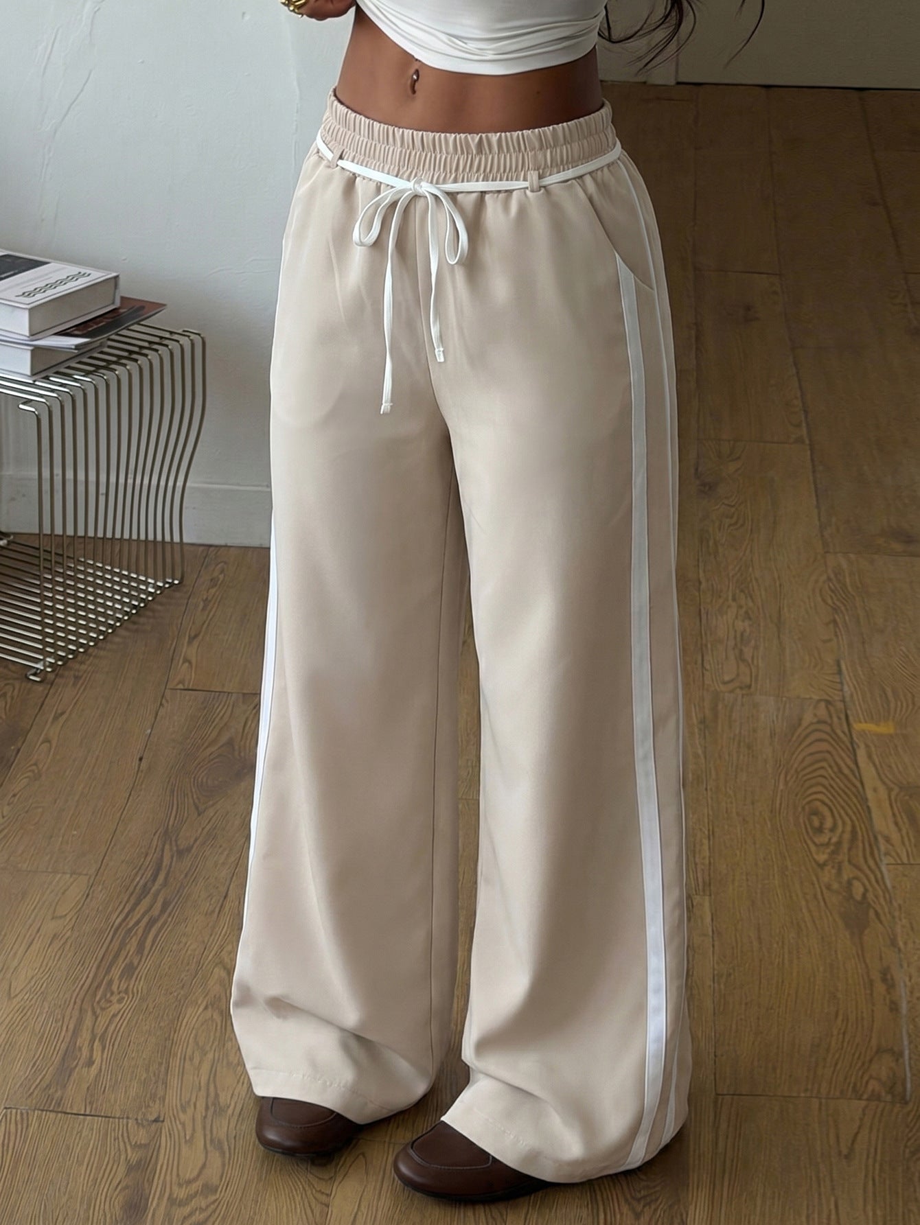 Khaki Striped Wide Leg Pants