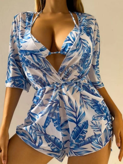 Three Piece Bikini Leaves Printed Set