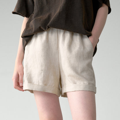 Pure Linen Elastic Waist Shorts