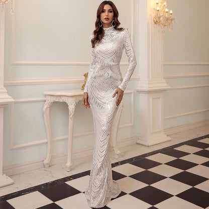 Abstract Sequined Long Sleeved Fishtail Dress