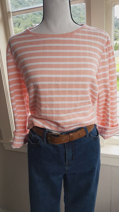 Pink&White Striped Long Sleeve Waffle Shirt, size XL