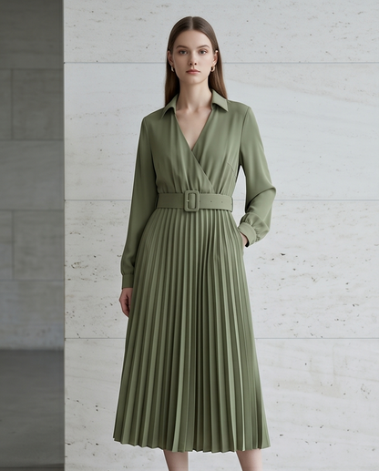 Green Belt Pleated Dress