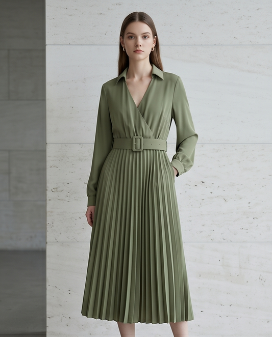 Green Belt Pleated Dress