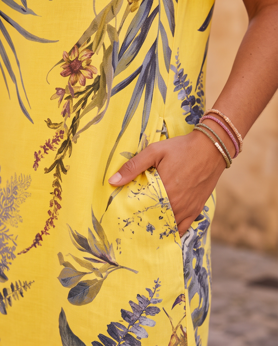 Cotton Linen Printed Dress w/ Pockets