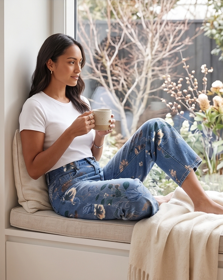 Floral Print Wide Leg Jeans
