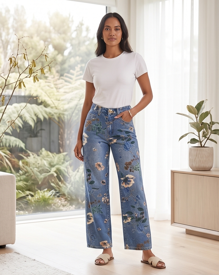 Floral Print Wide Leg Jeans