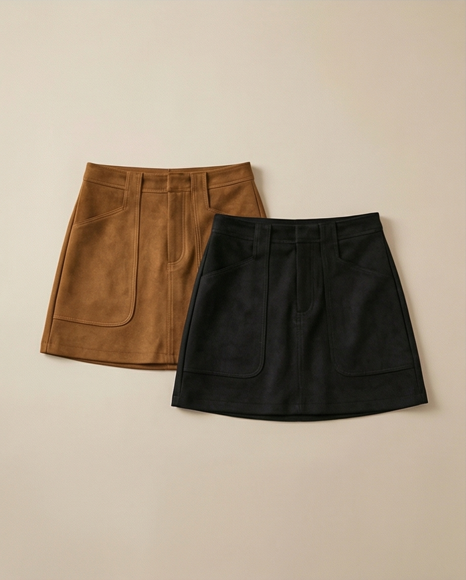 Faux Suede Large Pocket A-line Skirt