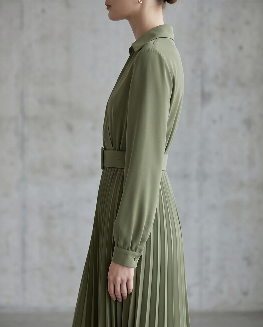 Green Belt Pleated Dress