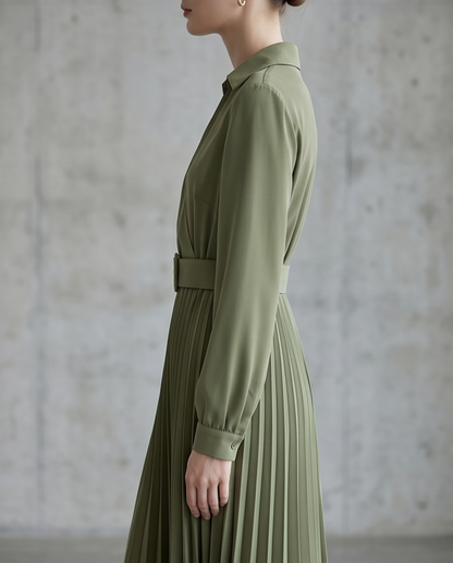 Green Belt Pleated Dress