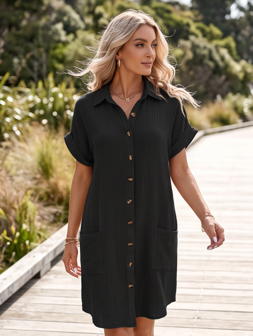 Button Down Shirt Dress with Pockets