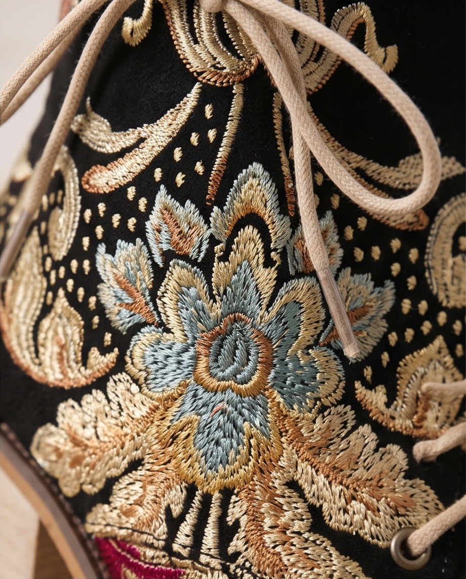 Embroidered Floral Lace-Up Ankle Boots