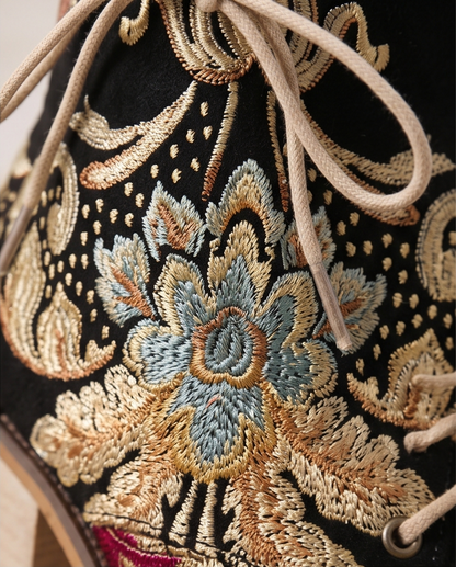 Embroidered Floral Lace-Up Ankle Boots