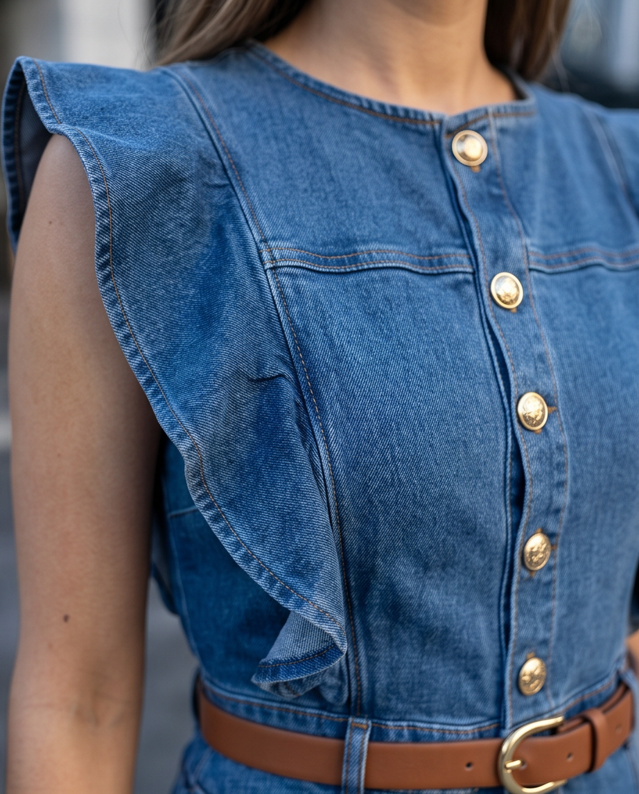 Button-Front Ruffle Sleeve Denim Midi Dress