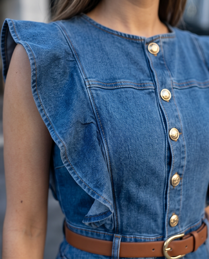 Button-Front Ruffle Sleeve Denim Midi Dress
