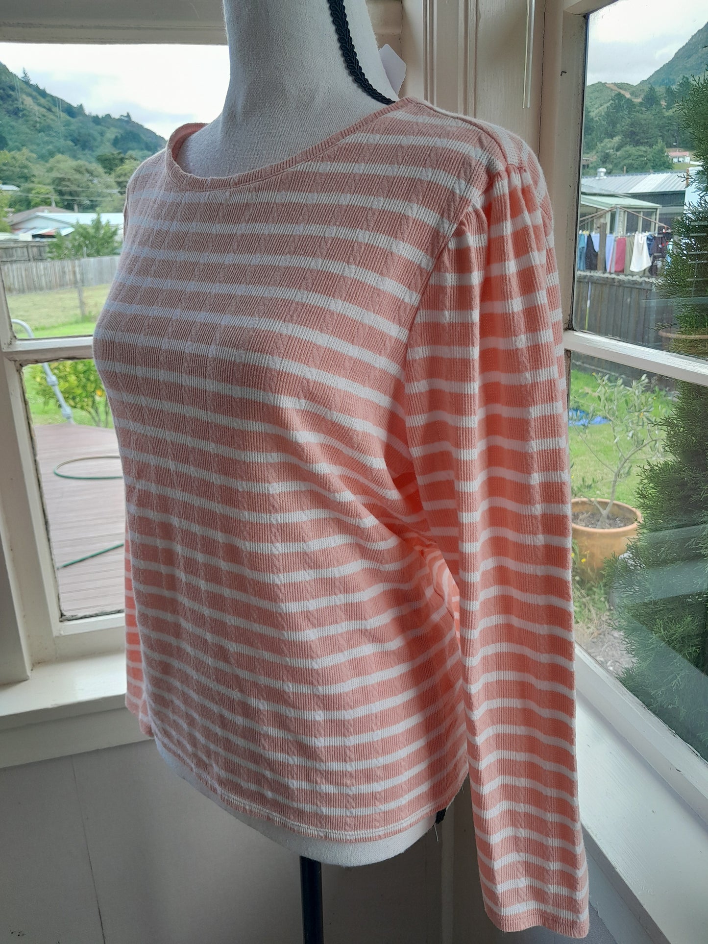Pink&White Striped Long Sleeve Waffle Shirt, size XL