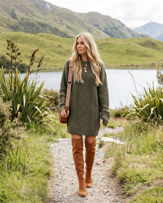 Cable-Knit Round Neck Sweater Dress