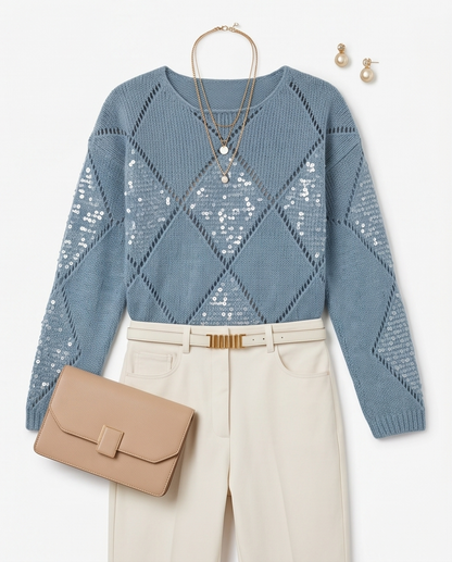 Openwork Round Neck Long Sleeve Knit Top