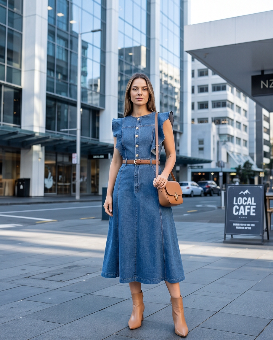 Button-Front Ruffle Sleeve Denim Midi Dress