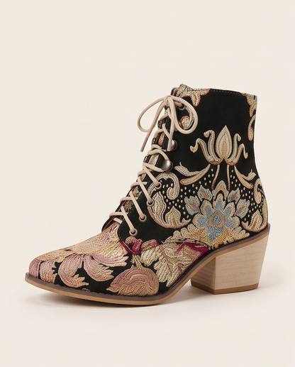 Embroidered Floral Lace-Up Ankle Boots