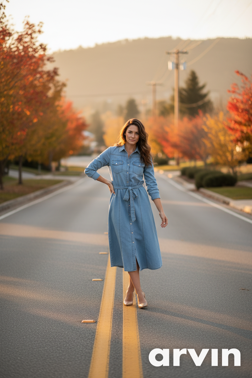 Tie Waist Button Front Denim Shirt Dress