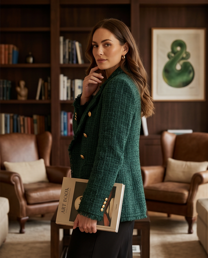 Dark Green Fringe Tweed Slim Fit Blazer