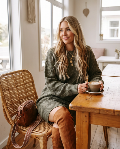 Cable-Knit Round Neck Sweater Dress