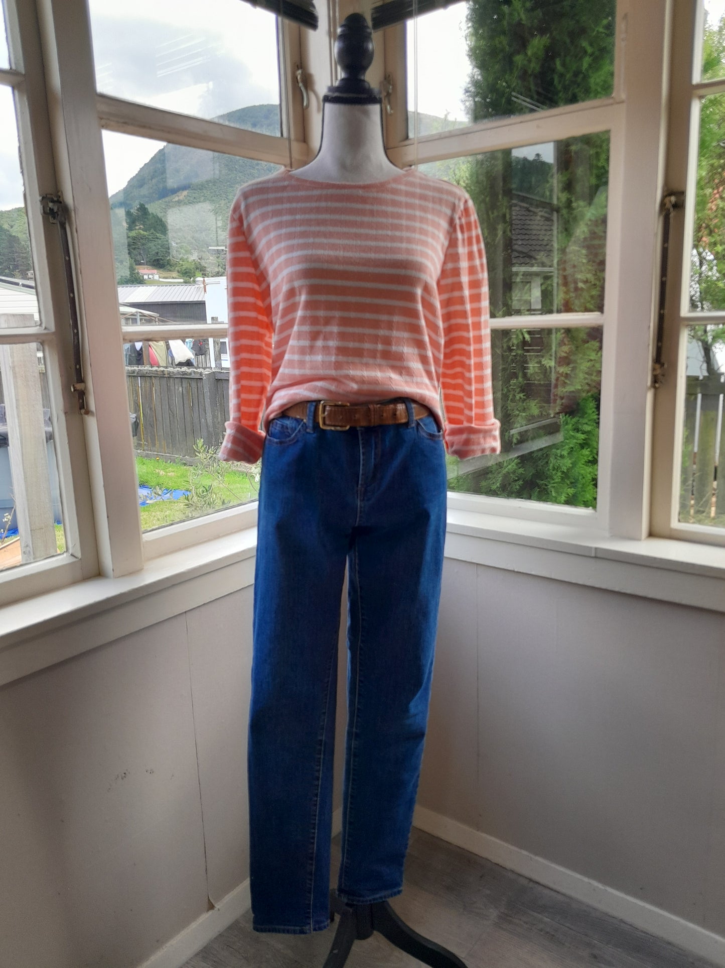 Pink&White Striped Long Sleeve Waffle Shirt, size XL