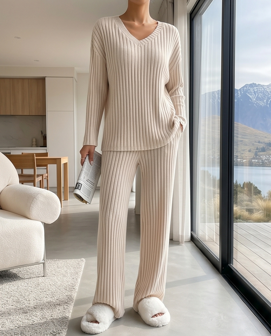 Ribbed Knit V-Neck Top and Pants Set