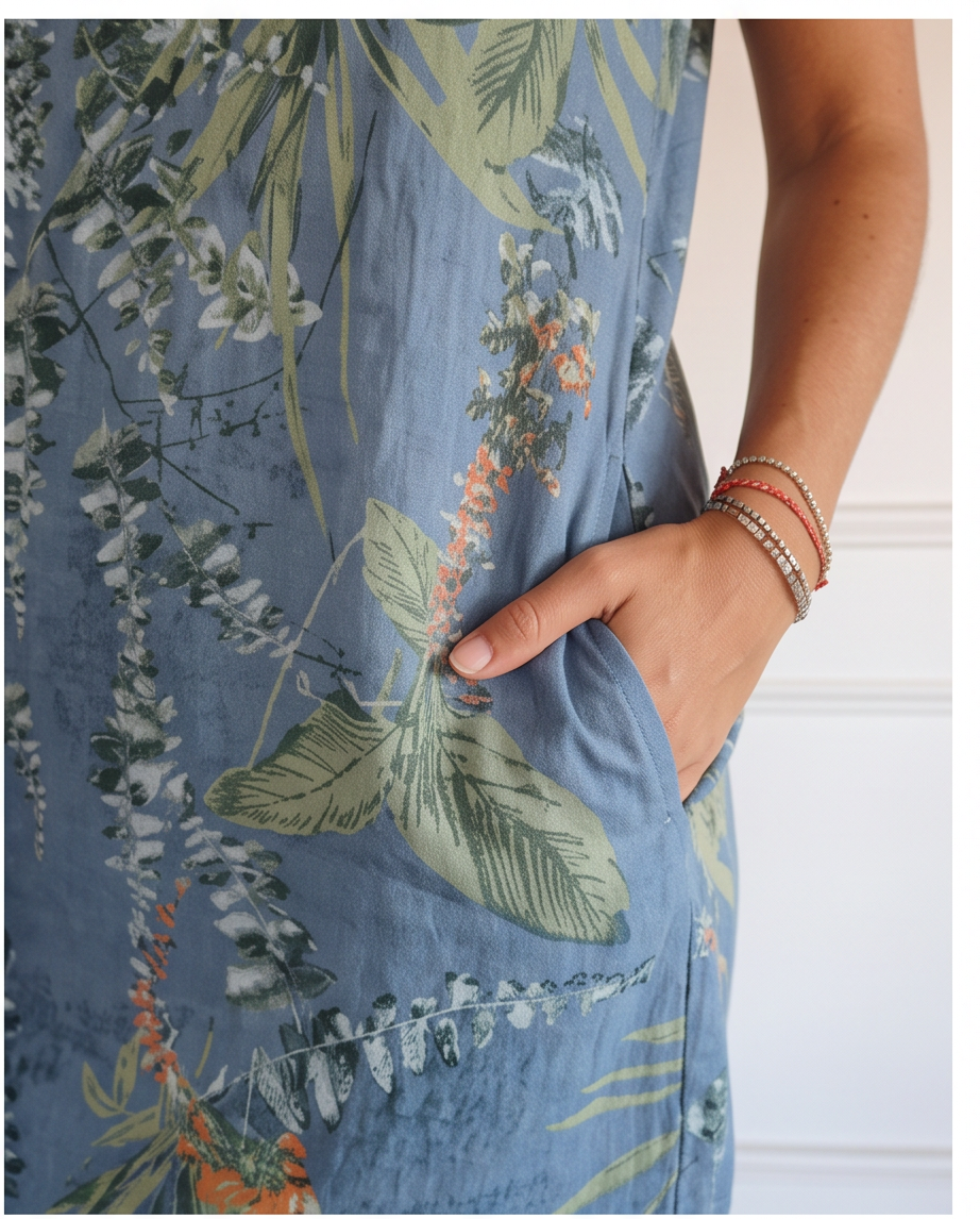 Cotton Linen Printed Dress w/ Pockets