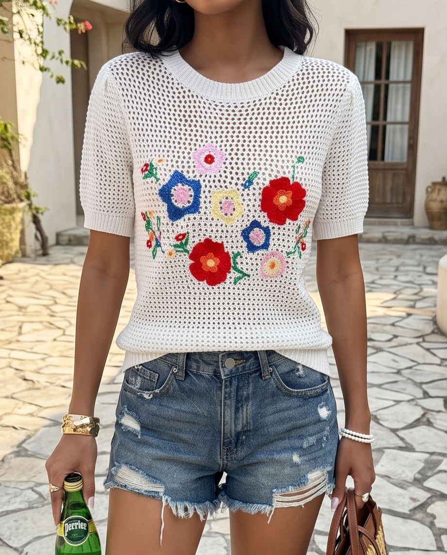 Cutout Floral Embroidered Top