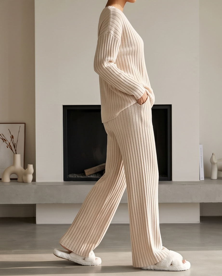 Ribbed Knit V-Neck Top and Pants Set