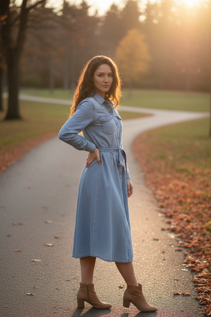 Tie Waist Button Front Denim Shirt Dress
