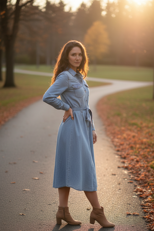 Tie Waist Button Front Denim Shirt Dress