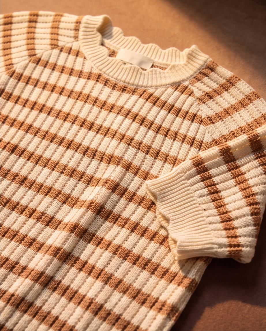 Stripe Scalloped Round Neck Short Sleeve Sweater