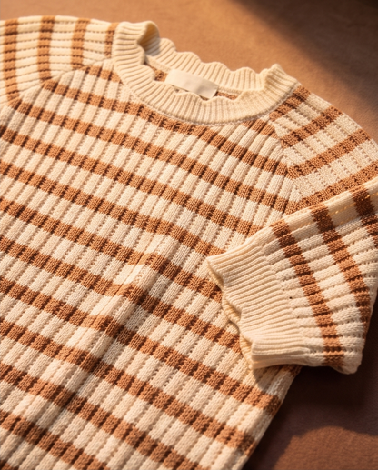 Stripe Scalloped Round Neck Short Sleeve Sweater