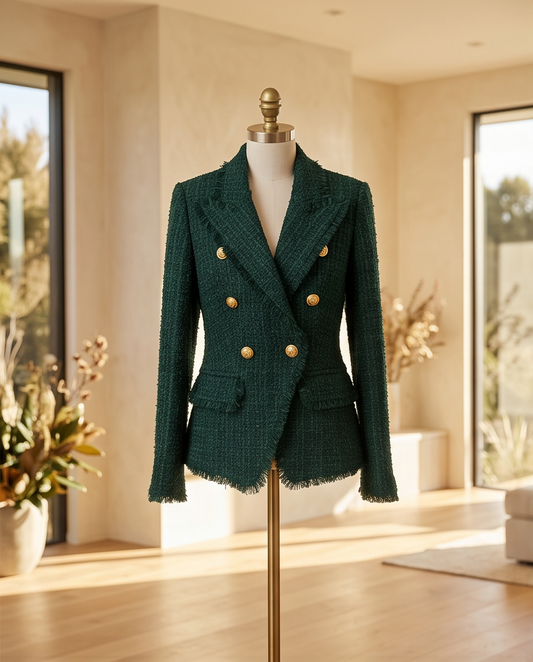 Dark Green Fringe Tweed Slim Fit Blazer
