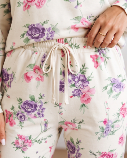 Floral Print Round Neck Top and Drawstring Pants Lounge Set