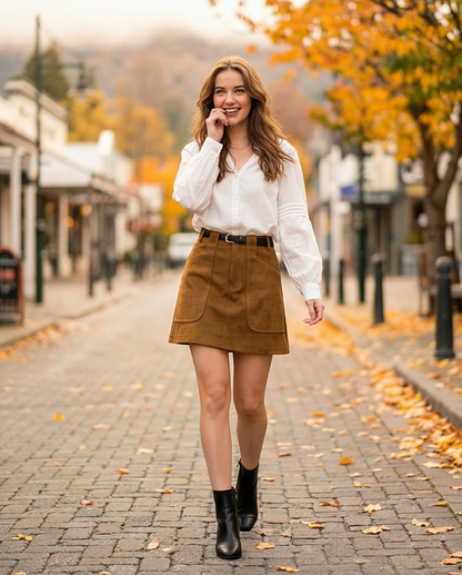Faux Suede Large Pocket A-line Skirt